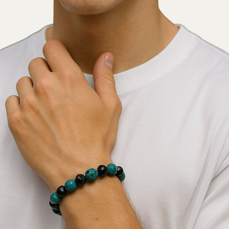 Mam wearing a brown beaded bracelet by N3VO