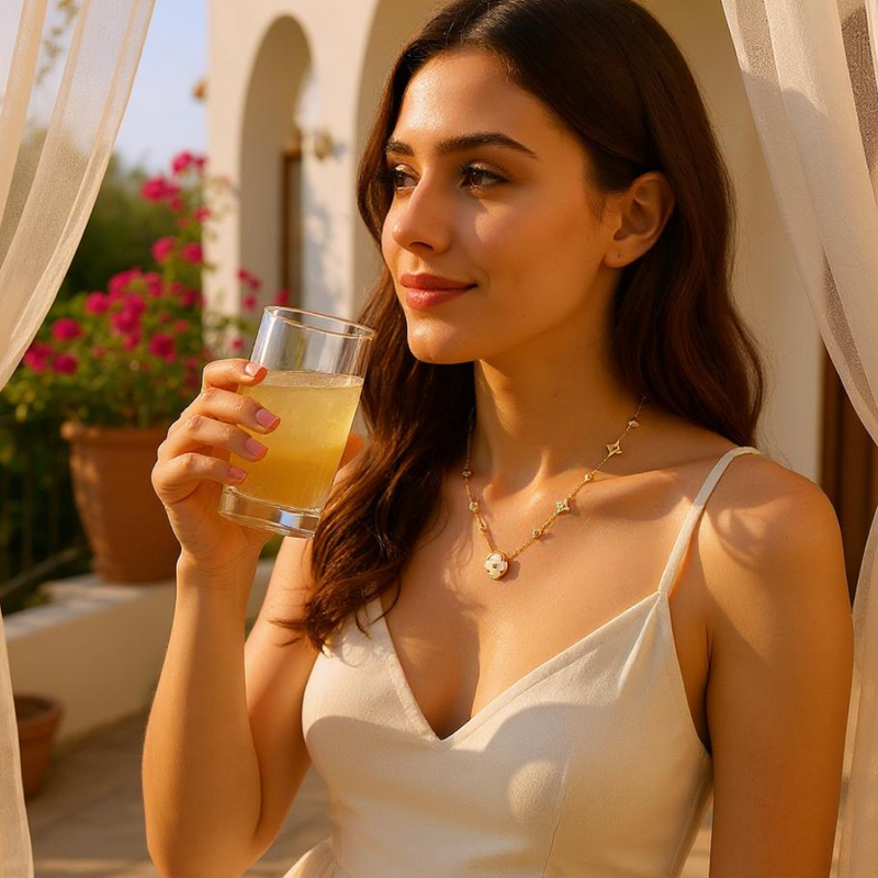 A woman wearing N3VO Jewelry with a warm smile