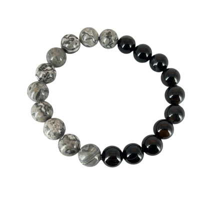 N3VO Obsidian Storm Beaded Bracelet – Black & White Stone Finish