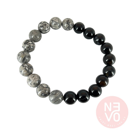 N3VO Obsidian Storm Beaded Bracelet – Black & White Stone Finish