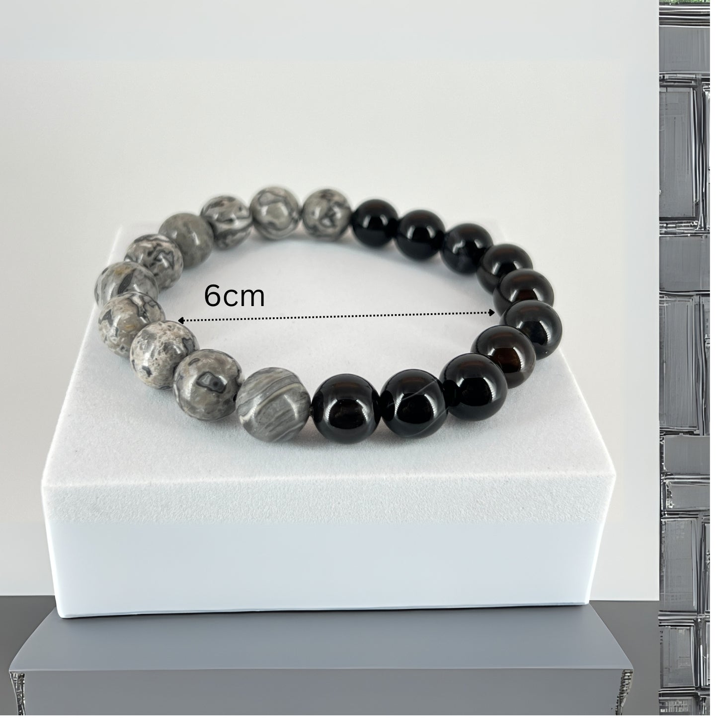 N3VO Obsidian Storm Beaded Bracelet – Black & White Stone Finish