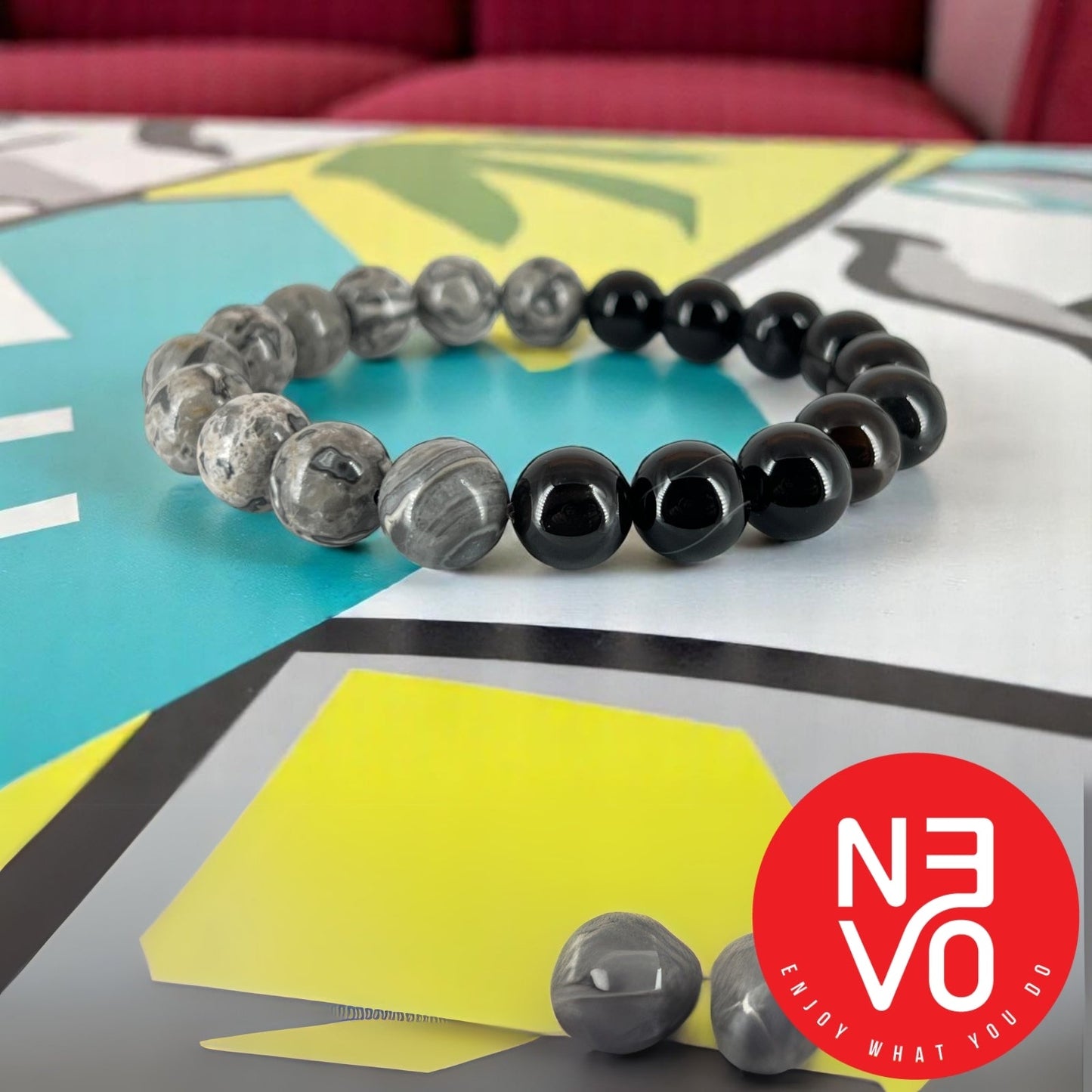 N3VO Obsidian Storm Beaded Bracelet – Black & White Stone Finish