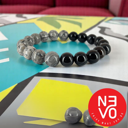 N3VO Obsidian Storm Beaded Bracelet – Black & White Stone Finish