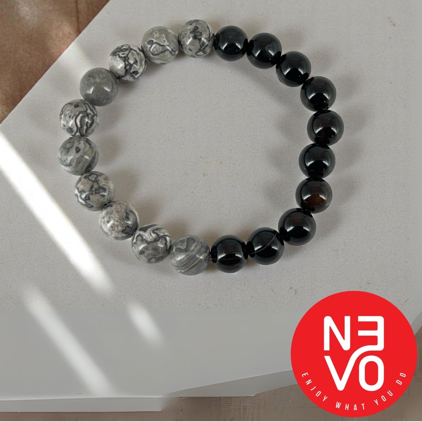 N3VO Obsidian Storm Beaded Bracelet – Black & White Stone Finish