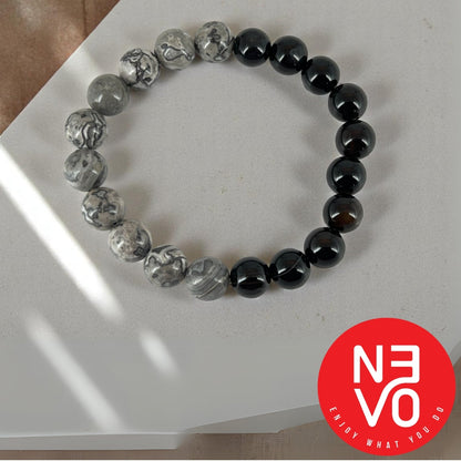 N3VO Obsidian Storm Beaded Bracelet – Black & White Stone Finish