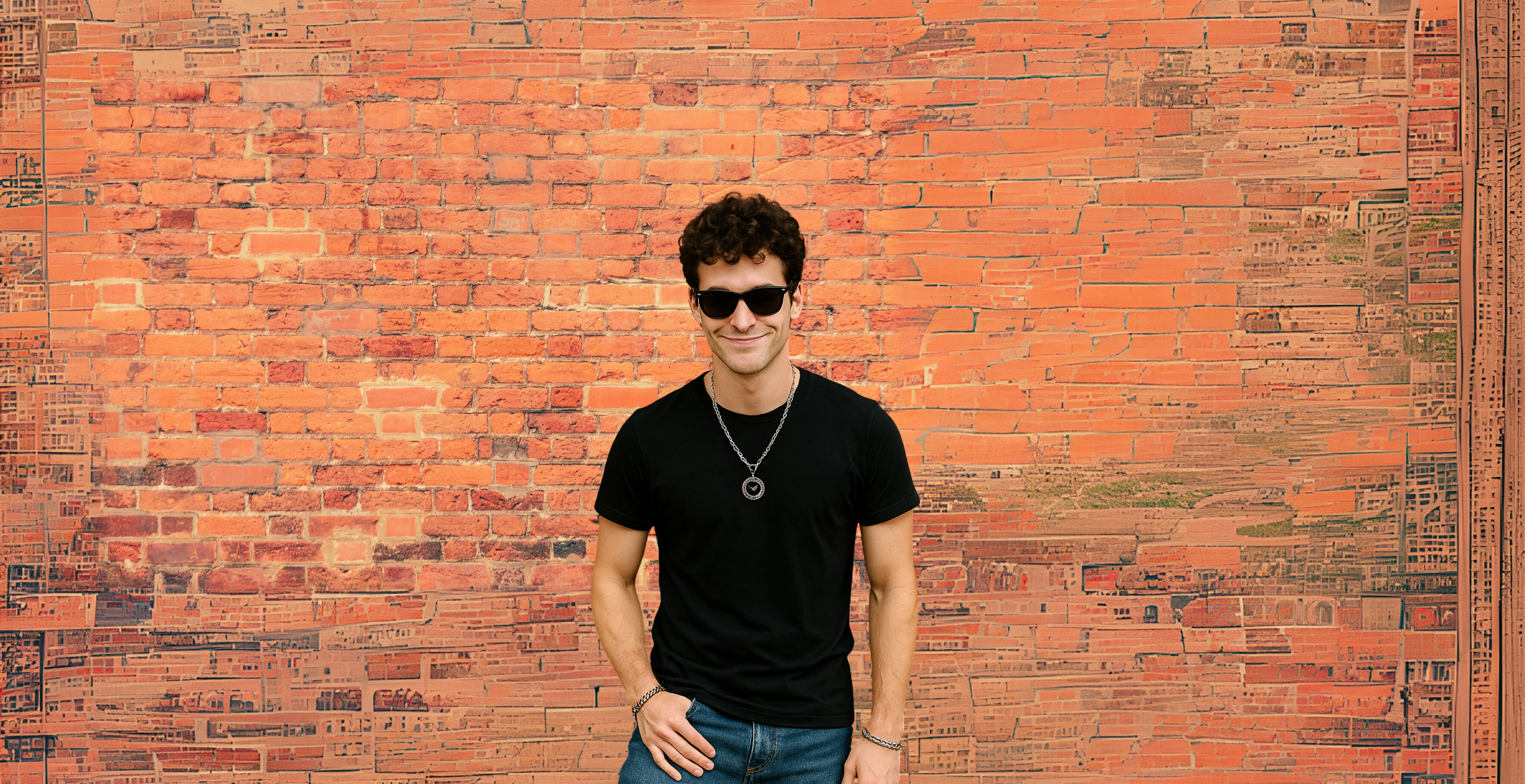 Man wearing sunglasses and a black t-shirt standing against an orange brick wall.